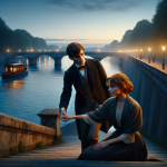 DALL·E 2024-01-29 12.47.32 - A serene riverbank scene at twilight. A young man and woman in th...png